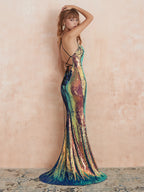 Sparkly Sequin Evening Dress with Lace Up Back