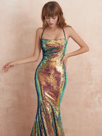 Sparkly Sequin Evening Dress with Lace Up Back