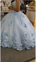 Robe longue bleu clair, adorable robe de bal princesse à épaules dénudées avec application 3D (Y260)