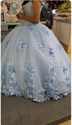 Light Blue Long Dress Cute 3D Applique Off Shoulder Ball Gown Princess Dress Y260