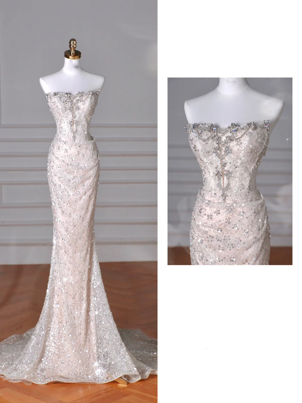 Robe de bal sirène longue sans bretelles en tulle à sequins scintillants Y8616