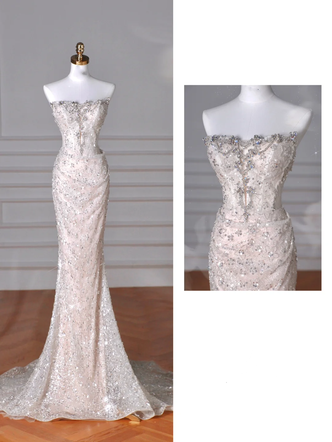 Robe de bal sirène longue sans bretelles en tulle à sequins scintillants Y8616