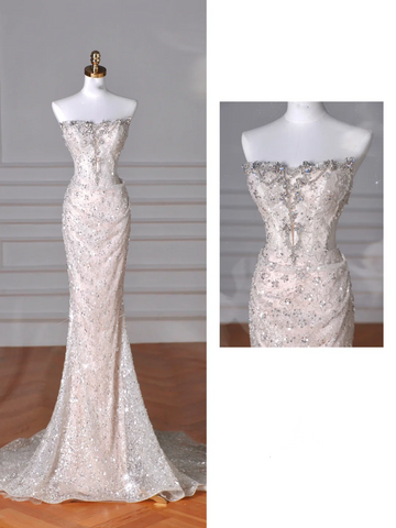 Vestido de noche largo de sirena con lentejuelas y tul sin tirantes brillante Y8616