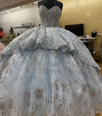 Vestido de quinceañera hecho a mano con flores azul humo, sin mangas, apliques, vestido de baile, dulce 16, modelo Y6294