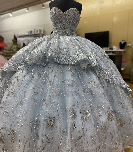 Vestido de quinceañera hecho a mano con flores azul humo, sin mangas, apliques, vestido de baile, dulce 16, modelo Y6294