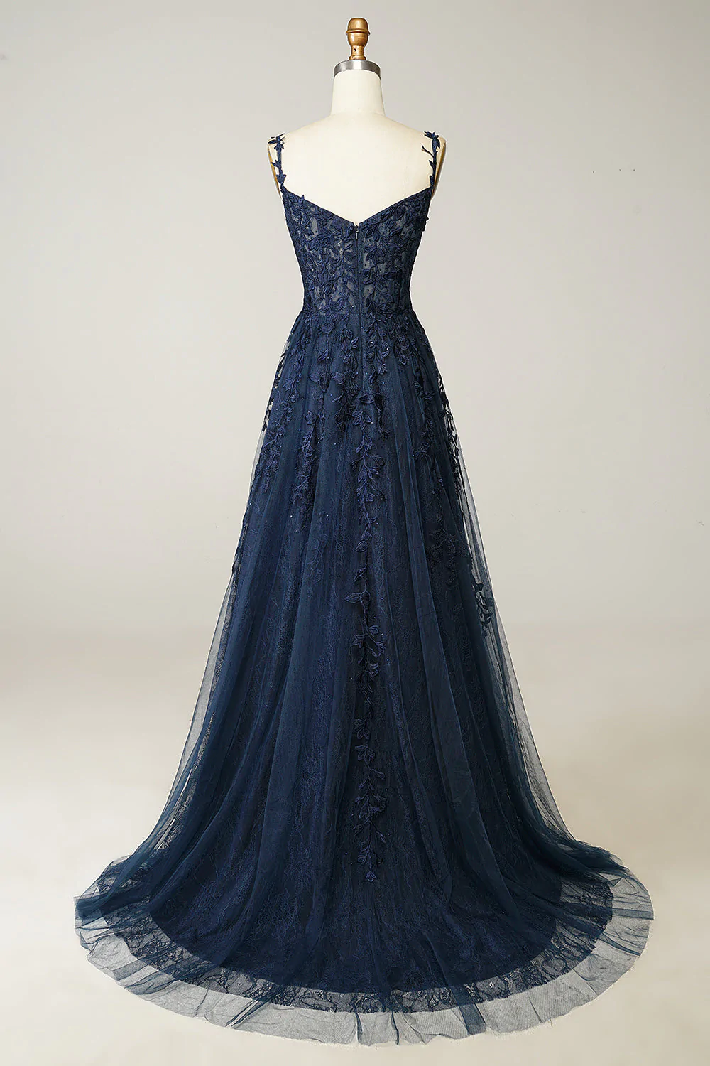 Vestido de fiesta azul marino corte A, encaje y tul, modelo Y382