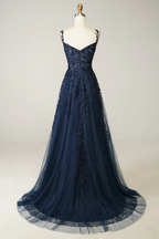 Vestido de fiesta azul marino corte A, encaje y tul, modelo Y382