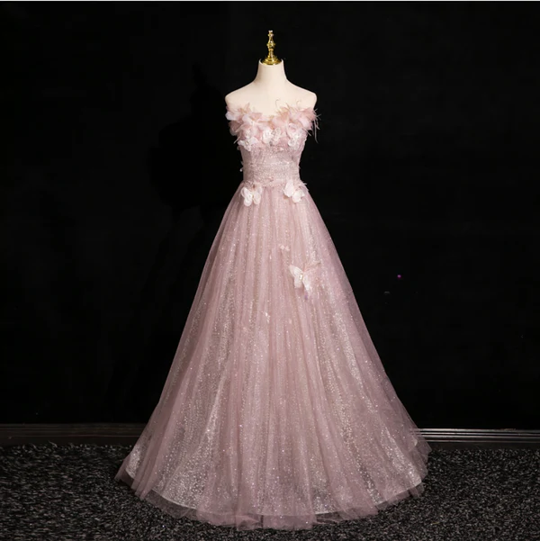 Elegante vestido de gala rosa de tul con lentejuelas y apliques de mariposa, estilo formal de noche Y7996