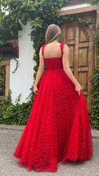 Robe de bal élégante en dentelle rouge, décolleté cœur, fente latérale, taille haute, coupe trapèze, robe de soirée formelle pour mariage ou fête Y4909