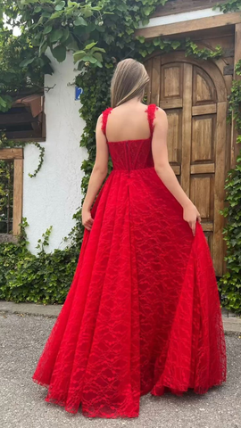 Elegante vestido de fiesta de encaje rojo con escote corazón, abertura lateral, cintura alta, corte en A, vestido formal de boda, fiesta de noche Y4909