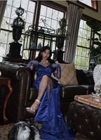 Elegante vestido largo de noche azul satinado, vestido de concurso Y2621