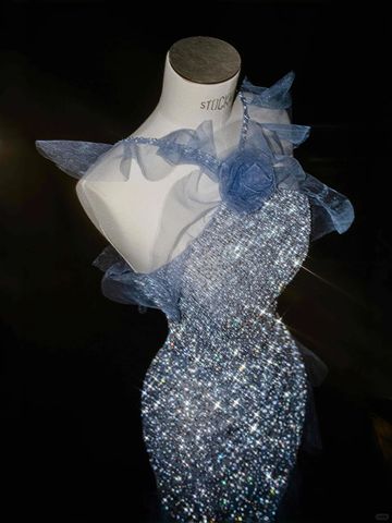 Gorgeous Blue Tulle Sequins Beaded Ruffles Mermaid Prom Dress,Formal Evening Dress Wedding Dress Y8671