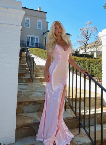 Pink Satin Appliques Mermaid Prom Dress Long Slit Evening Gown Y8263