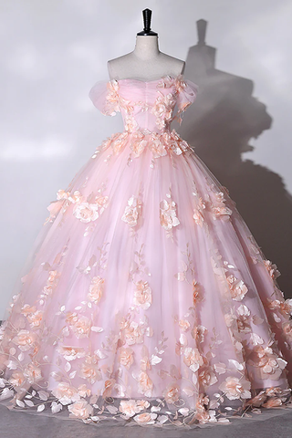 Vestidos de gala formales con escote corazón y flores rosas, vestidos largos rosas para quinceañeras Y6951