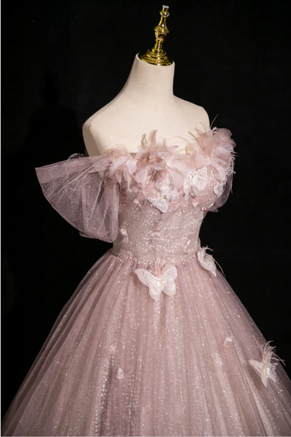 Elegante vestido de gala rosa de tul con lentejuelas y apliques de mariposa, estilo formal de noche Y7996