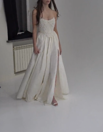 Classy Strapless Satin Beaded Evening Dress A Line Slit Prom Dress Y8314