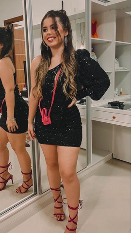 Black Sequins One Sleeve Homecoming Dress Black Party Dress Y2086