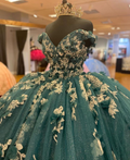 Vestido de quinceañera verde oscuro con hombros descubiertos, estilo princesa, para concurso de belleza, con flores Y4432