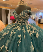 Vestido de quinceañera verde oscuro con hombros descubiertos, estilo princesa, para concurso de belleza, con flores Y4432