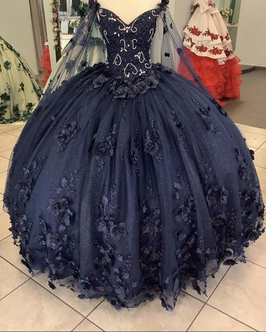 Robe de bal bleu marine pour femme (Quinceañera), ornée d'appliques et de perles, avec fleurs en 3D, référence Y2480