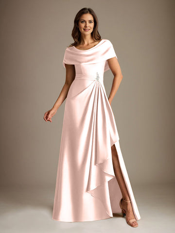 A-Line Scoop Floor-Length Stretch Satin Mother of the Bride Dress With Cascading Ruffles