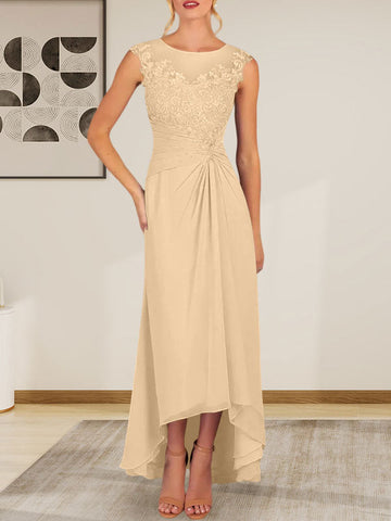 Champagne A-Line Scoop Lace Chiffon Dress