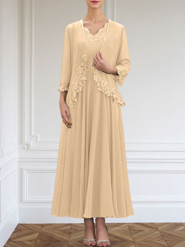 Vestido de corte A, escote en V, largo hasta el tobillo, de gasa, para la madre de la novia, con apliques de lentejuelas, encaje y pedrería.