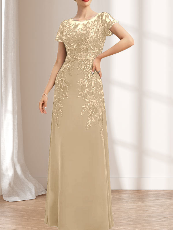 Robe de mère de la mariée en mousseline de dentelle, coupe fourreau/colonne, décolleté illusion, longueur au sol, ornée de sequins