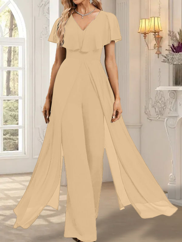 Combinaison-pantalon robe de soirée longue en mousseline à col en V