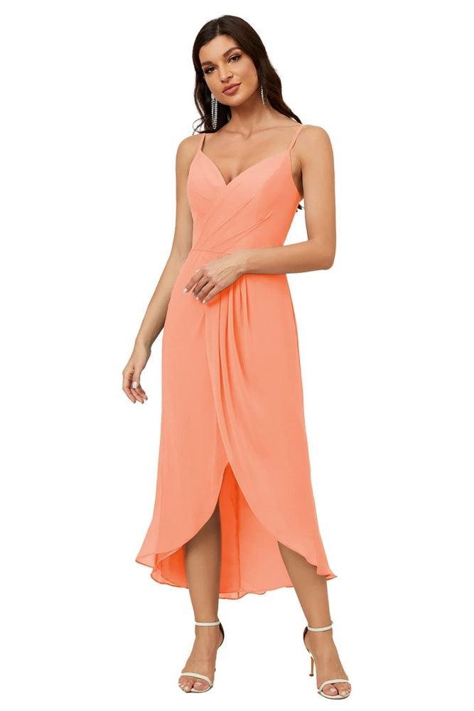 Vestido de dama de honor de gasa con escote en V y abertura media, vestido formal de fiesta, vestido de bienvenida 2803 