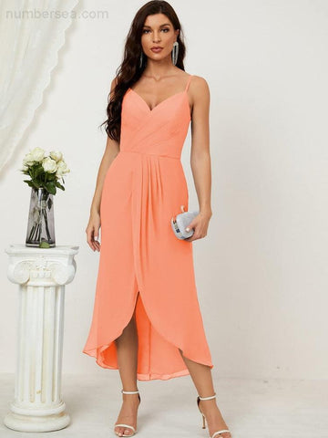 Vestido de dama de honor de gasa con escote en V y abertura media, vestido formal de fiesta, vestido de bienvenida 2803 