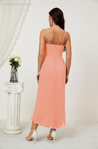 Vestido de dama de honor de gasa con escote en V y abertura media, vestido formal de fiesta, vestido de bienvenida 2803 