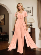 Combinaison-pantalon robe de soirée longue en mousseline à col en V
