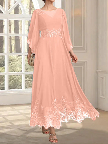 A-line Scoop Illusion Ankle-Length Lace Chiffon Mother of the Bride Dress With Sequins