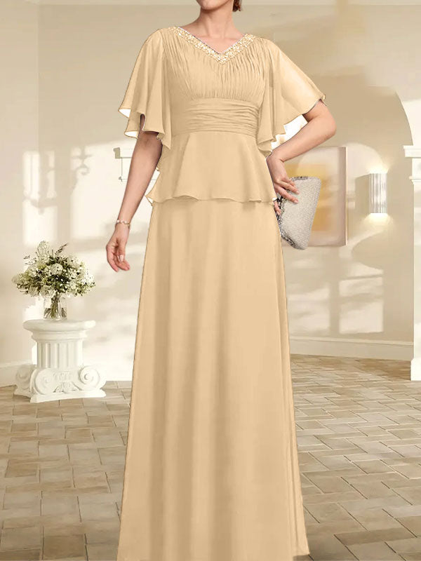 Vestido de gasa de corte A, escote en V, largo hasta el suelo, para la madre de la novia, con plisados ​​y cuentas.