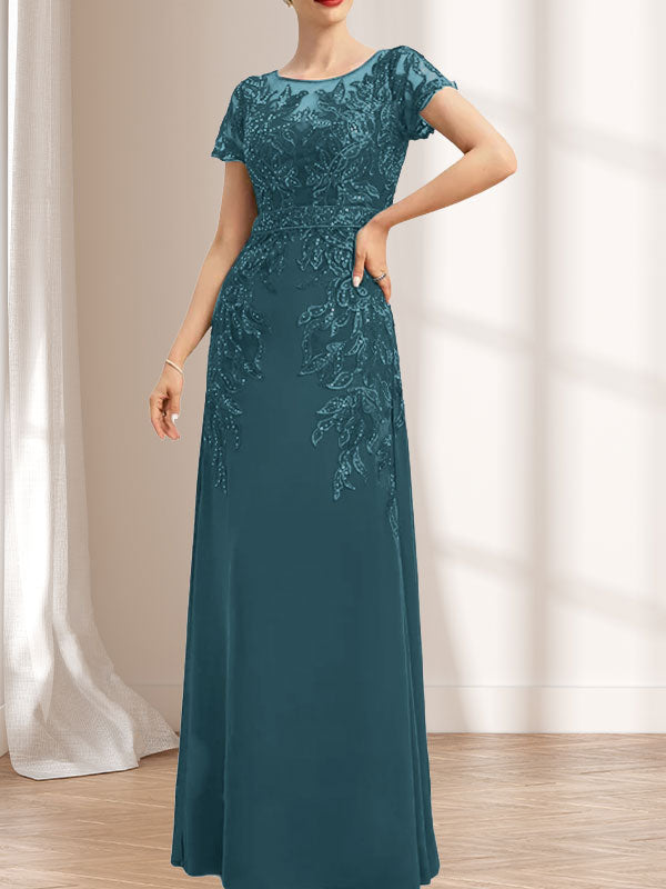 Vestido de novia de corte recto/columna, escote redondo, ilusión, largo hasta el suelo, de encaje y gasa con lentejuelas.