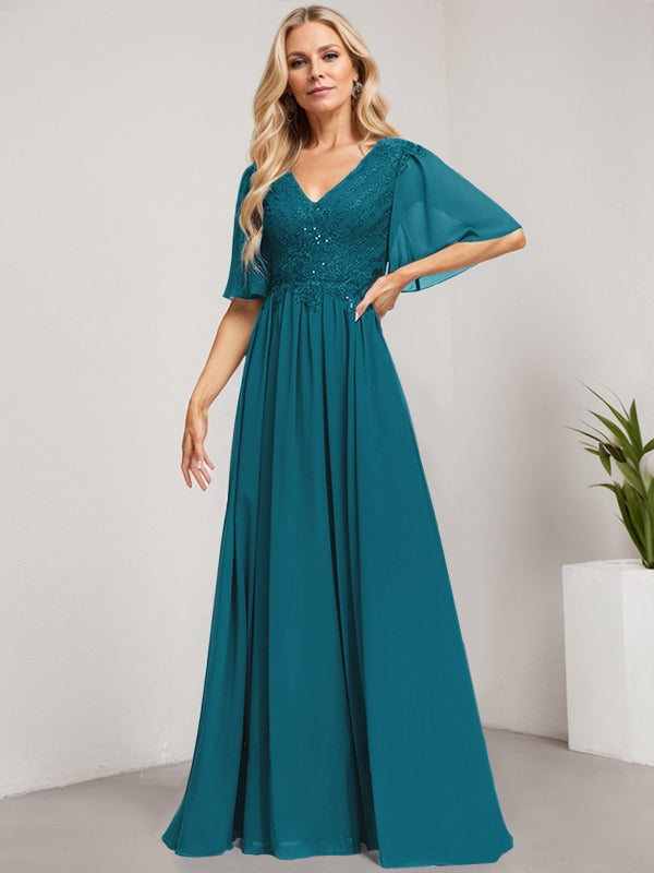 Vestido de novia de corte A, escote en V, largo hasta el suelo, de gasa de encaje con lentejuelas para la madre de la novia 