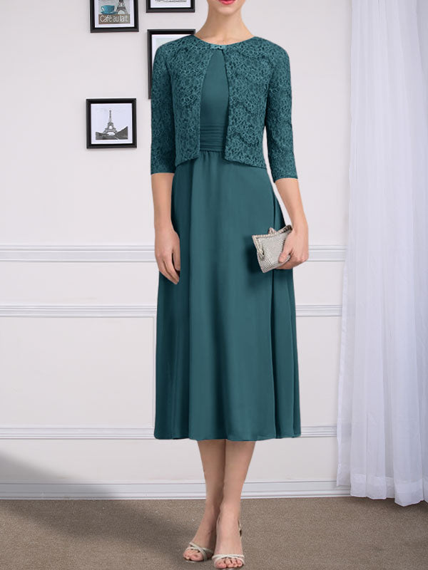 Vestido de chifón de corte línea A, largo té, para la madre de la novia, con escote redondo y pliegues.