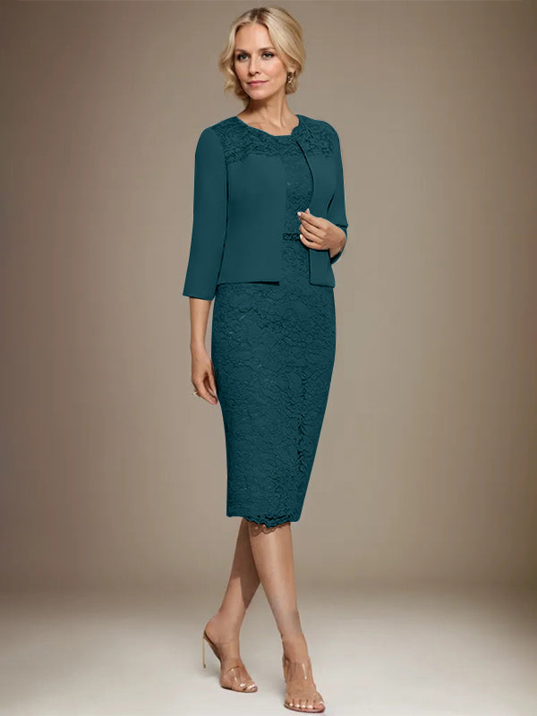 Vestido de novia de gasa con encaje, corte recto y escote redondo hasta la rodilla, con pedrería, para la madre de la novia. 