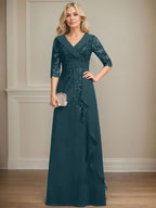 Vestido de novia de corte línea A, cuello en V, largo hasta el suelo, de encaje y gasa, con lentejuelas y volantes en cascada. 