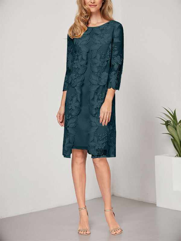 Vestido de corte A, escote redondo, largo hasta la rodilla, de gasa y encaje, para la madre de la novia, con chaqueta. 