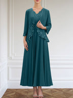 Vestido de corte A, escote en V, largo hasta el tobillo, de gasa, para la madre de la novia, con apliques de lentejuelas, encaje y pedrería.