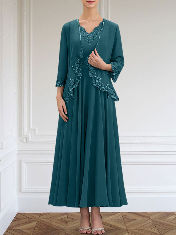 Vestido de corte A, escote en V, largo hasta el tobillo, de gasa, para la madre de la novia, con apliques de lentejuelas, encaje y pedrería.