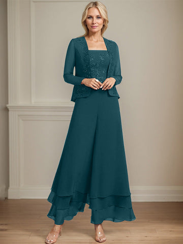Separates Jumpsuit/Pantsuit Square Ankle-Length Lace Chiffon Mother of the Bride Dress With Sequins