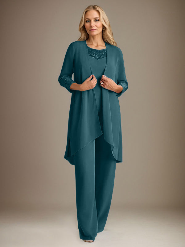 Tailleur-pantalon en mousseline à manches longues et col rond pour la mère de la mariée, avec veste 