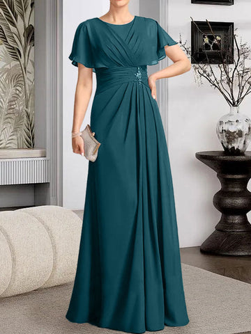 A-line Scoop Floor-Length Chiffon Mother of the Bride Dress With Pleated Beading