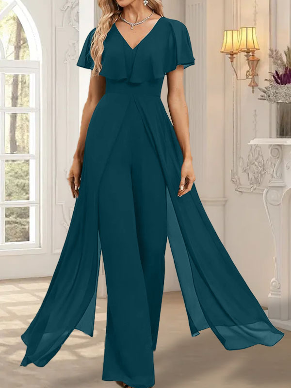 Combinaison-pantalon robe de soirée longue en mousseline à col en V