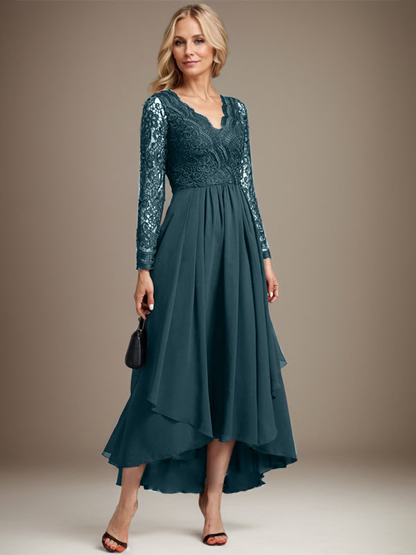 Vestido de novia de gasa con encaje asimétrico, escote en V y corte en A para la madre de la novia 