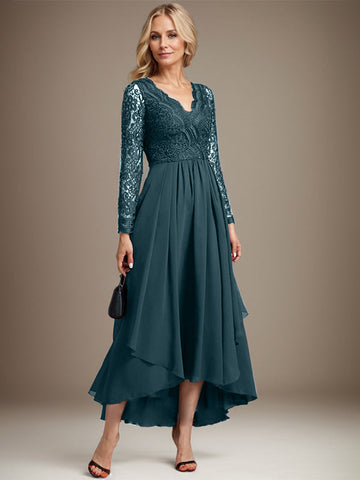 A-line V-Neck Asymmetrical Lace Chiffon Mother of the Bride Dress