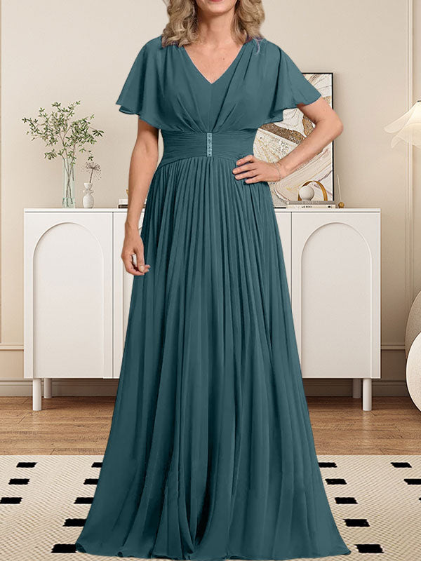 Vestido de gasa de corte A, escote en V, largo hasta el suelo, para la madre de la novia, con broche de cristal y pliegues. 